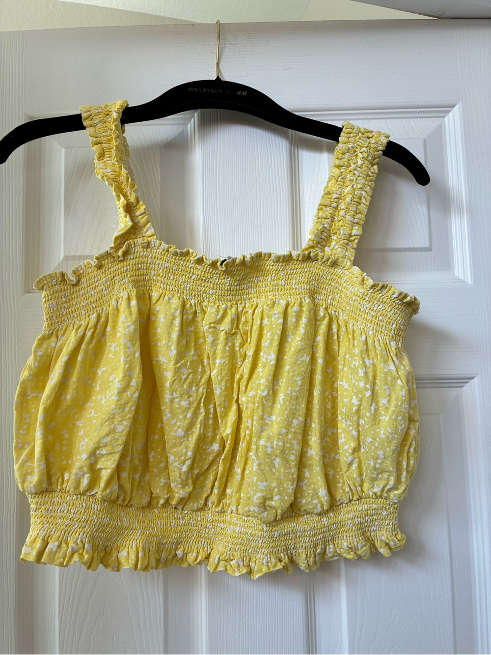 Smocked Yellow Floral Crop Top with Ruffle Hem